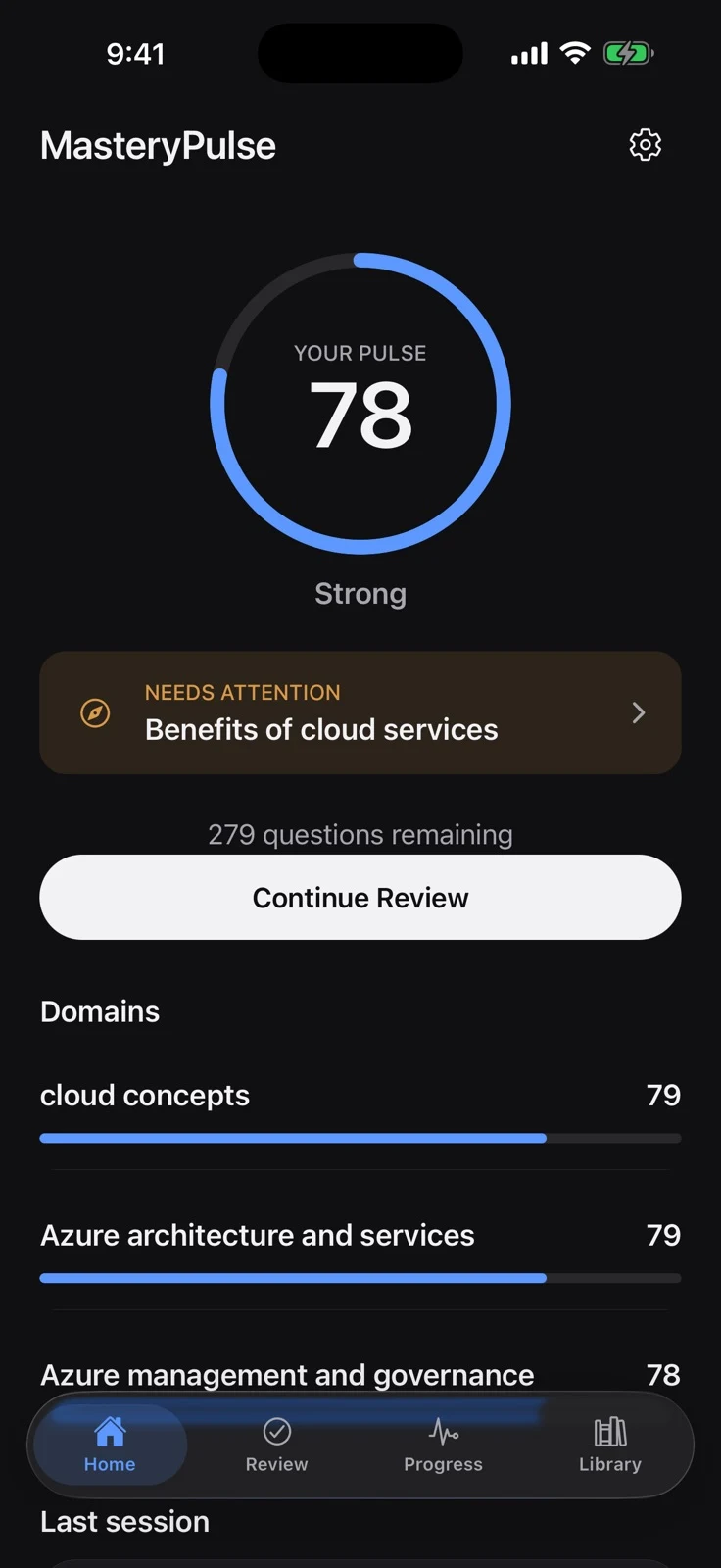 Official MasteryPulse Cloud App Store screenshot of its learning dashboard with sample progress