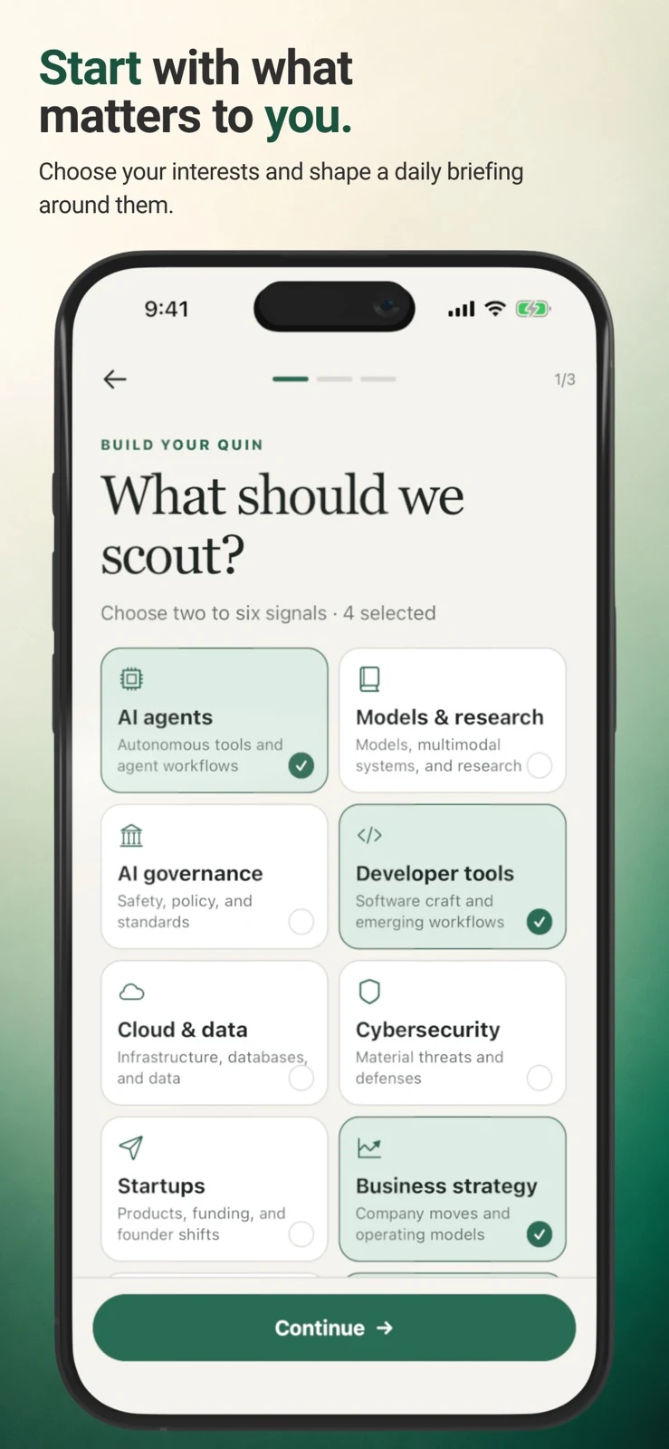 Official QuinScout App Store screenshot showing interest selection