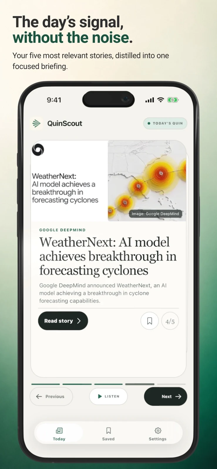 Official QuinScout App Store screenshot showing the daily briefing interface